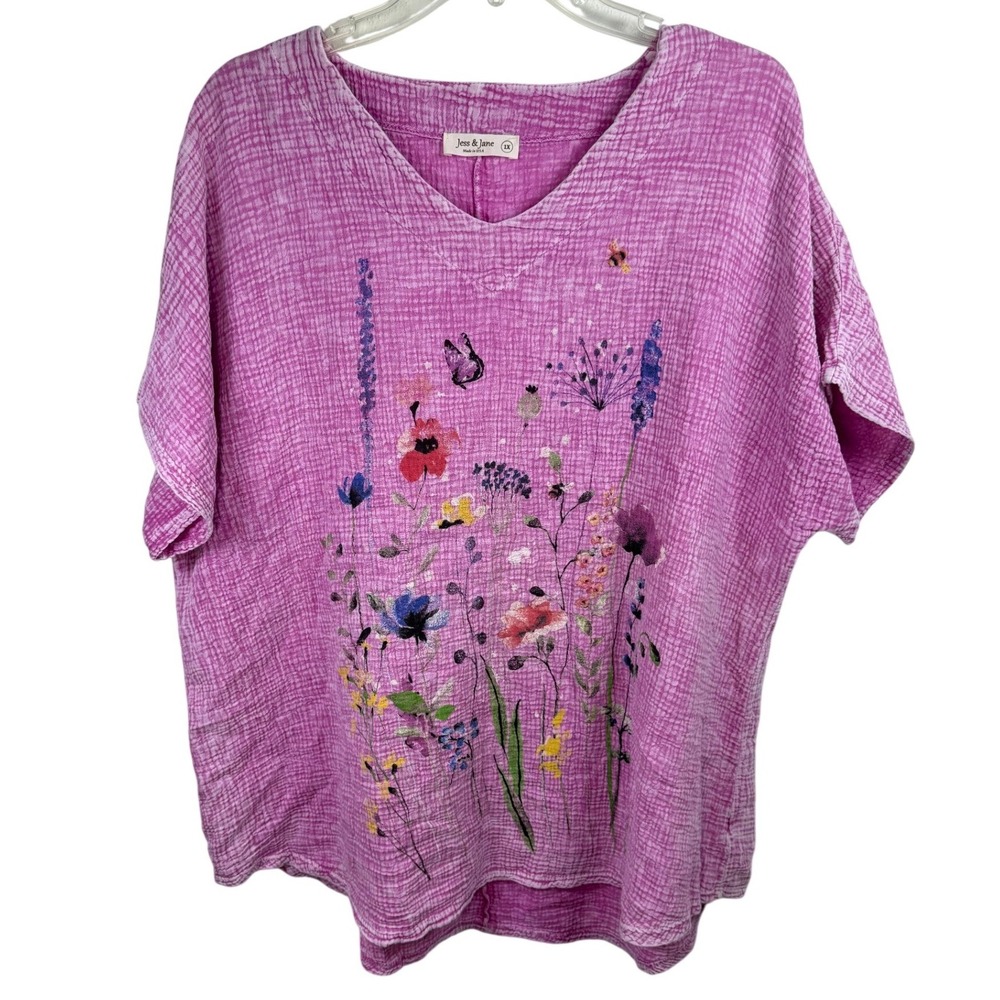 Jess & Jane Women 1X Pink Cotton Gauze Wildflower Butterfly V-Neck Top